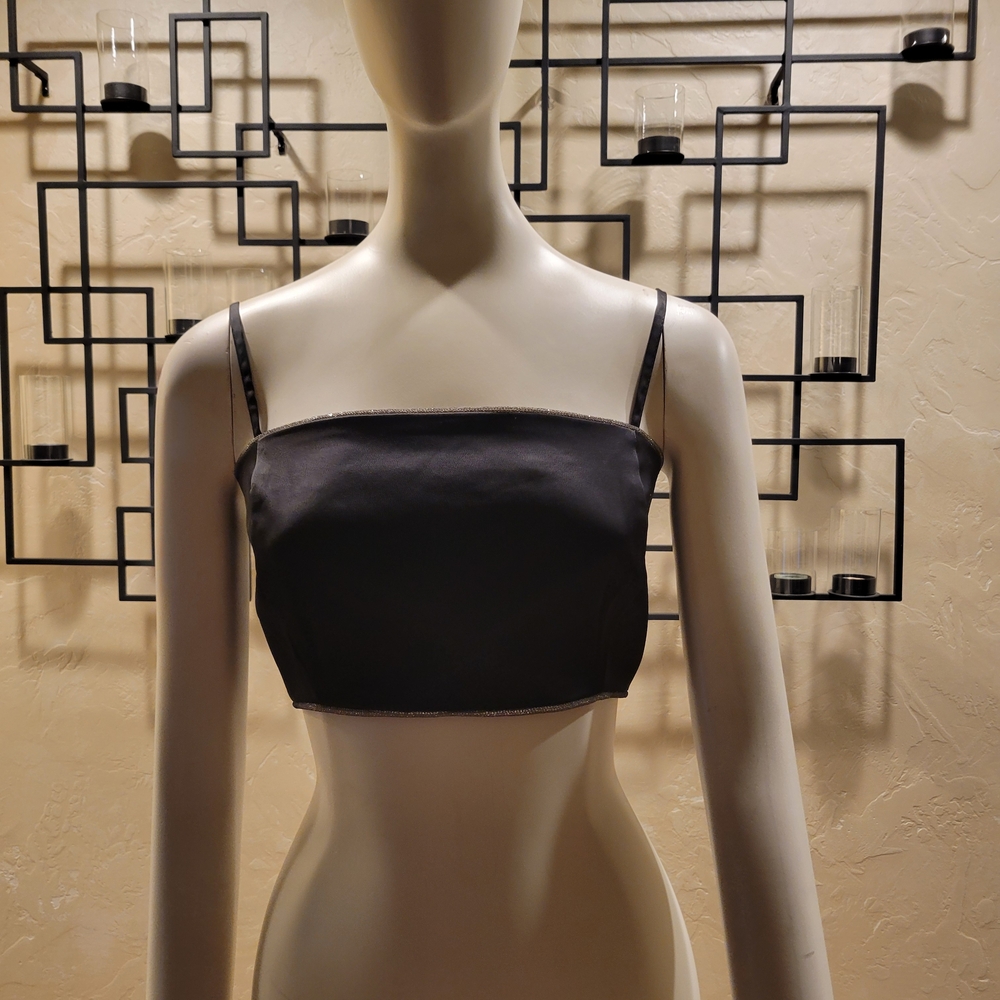 Rachel Zoe Satin Black Crop Top w/Silver Trim